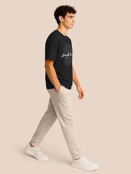 Men's Black Graphic T-Shirt & Beige Track Pant Set